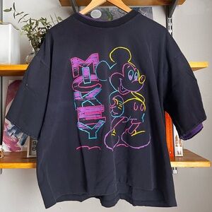 Vintage Disney Mickey Mouse Neon Graphic Tee | 80s 90s Faded Black Retro Shirt